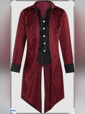 Men’s Burgundy Velvet Gothic Sz L Steampunk Victorian Coat Embroidered Jacket